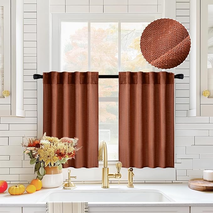 MIULEE Burnt Orange Kitchen Curtains 36 Inch Length 2 Panels, Soft Thick Linen Textured Semi Sheer Light Filtering Short Cafe Tier Curtains for Small Half Window Back Tab Rod Pocket Fall Boho Decor