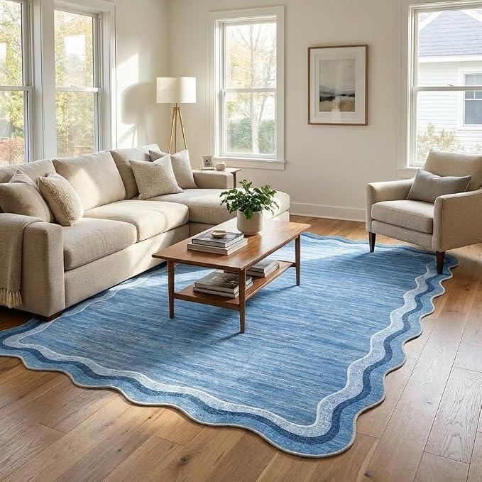 Garvee Scalloped 5x7 Rugs Washable Area Rugs for Living Room,Modern Stain Resistant Solid Rug for Bedroom Kids Room, Scalloped Low Pile Non-Slip Neutral Rug for Dining Room Home Office Dorm,Blue | Rugs for Living Room, Non-Slip Soft Carpet for Bedroom,...