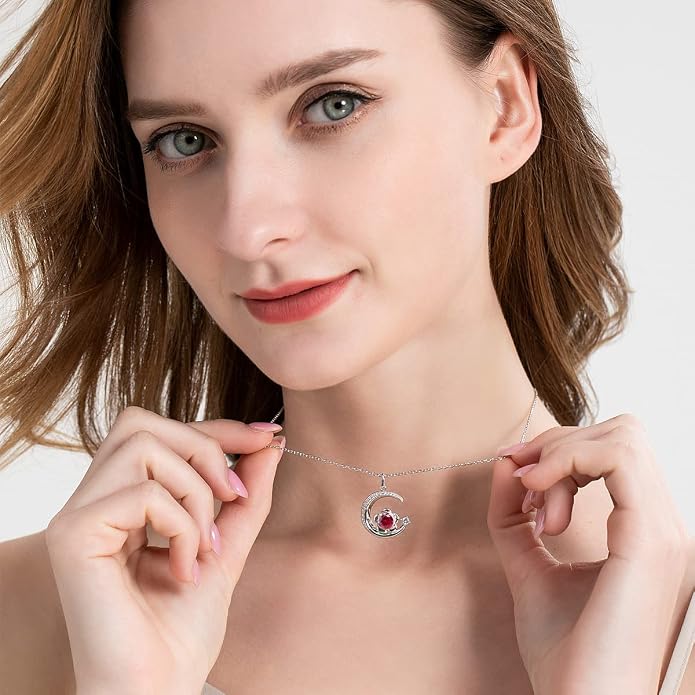 Birthstone Necklace for Women Sterling Silver Moon Pendant Necklaces Anniversary Birthday Fine Jewelry Gifts for Her Women Mother, Adjustable Chain