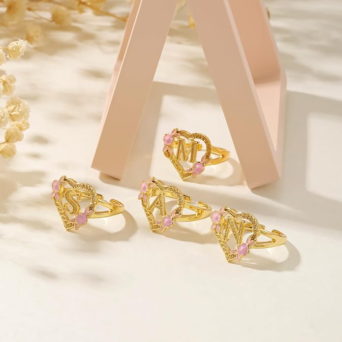 Gold Initial Rings for Women - Non Tarnish Dainty 14K Gold Plated Heart Adjustable Letter Rings for Women, Stackable Cute Thumb Pinky Fashion Open Simple Birthday Gifts Jewelry
