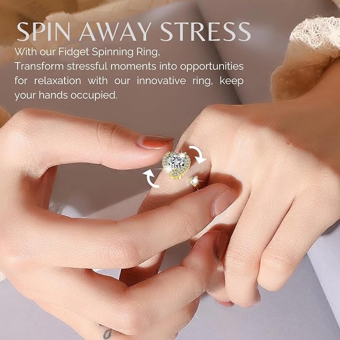 Halukakah 18K Gold/Platinum Plated Anxiety Spinning Ring: Stylish Diamond Heart Stress Relief Jewelry with Beads Spinner,Himalaya Salt Added,Size Adjustable,Gift for Women,Teens,Girls,Daughter,and Mom