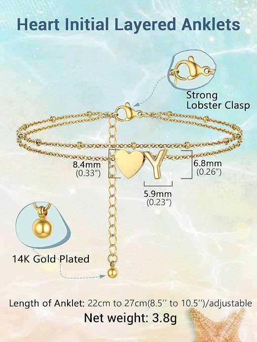 Initial Ankle Bracelets for Women, Dainty Stainless Steel Letter A-Z Layered Anklets, Heart Ankle Bracelet 8.5"-10.5" Adjustable, Summer Beach Jewelry, Come with Box