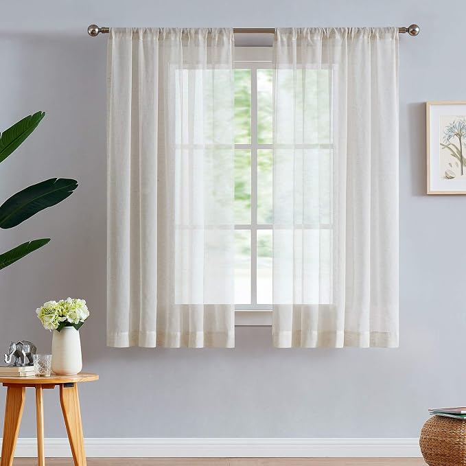 FMFUNCTEX Beige Flax Linen Sheer Curtains 54 Inch Long Rod Pocket 2 Panels | Natural Semi Sheer Window Drapes for Bedroom and Living Room, Farmhouse French Kitchen Window Curtain Light Filtering Privacy