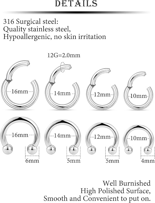 20G 18G 16G 14G 12G 10G Hypoallergenic Nose Rings Hoops for Men Women 316L Surgical Steel Hinged Nose Rings for Nostril Septum Cartilage Helix Daith Tragus Rook Conch Lip Ear Lobe Piercing