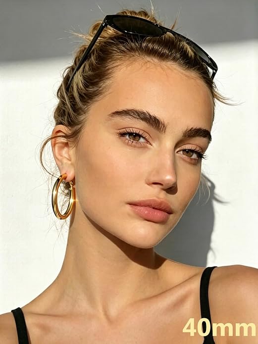 Bestyle 5mm Thick Gold Hoop Earrings Hypoallergenic Hoops for Sensitive Ears Trendy Lightweight Chunky Earrings for Women 30/40/60/80mm