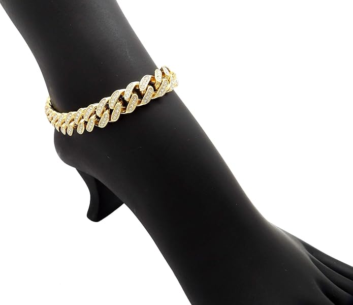 Fashion 21 Women's Stone Filled 12mm 9.5" Box Lock Cuban Chain Anklet (12mm 12" Stone Filled/Lobster Clasp)