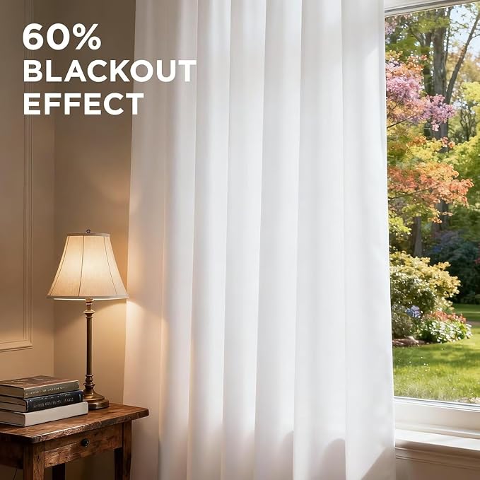 Joydeco 90 Inch 60% Blackout White Curtains 2 Panels, Elegant Semi Sheer Curtains for Bedroom, Thermal Insulated Black Out Drapes for Living Room, Rod Pocket Back Tab Drapes(W52 x L90 Inch,Pure White)