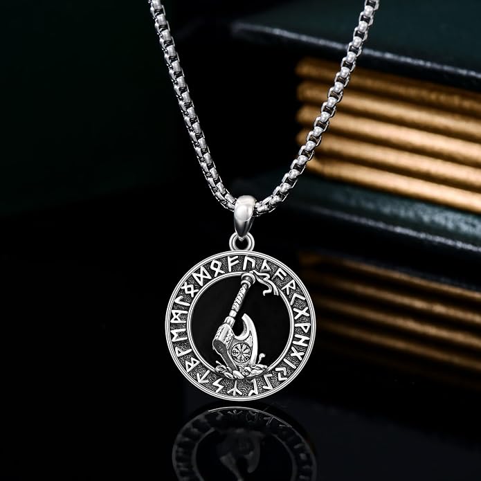 Viking Necklace for Men S925 Sterling Silver Odin/Troll Cross/Compass/Raven/Valknut/Axe Rune Amulet Necklace Norse Jewelry for Christmas Birthday