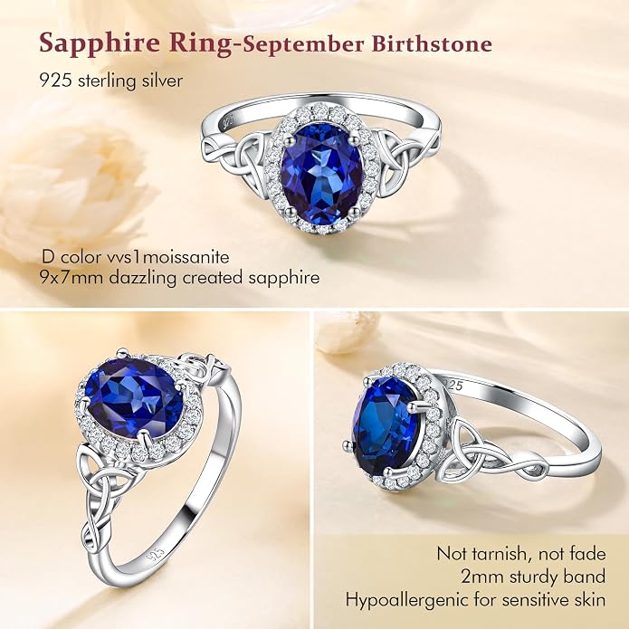 DAYBYDAY Celtic Birthstone Rings for Women 925 Sterling Silver Heart/Round/Pear/Oval Created Gemstone Moissanite Halo Engagement Promise Rings for Her Wife Birthday Anniversary Wedding Jewelry