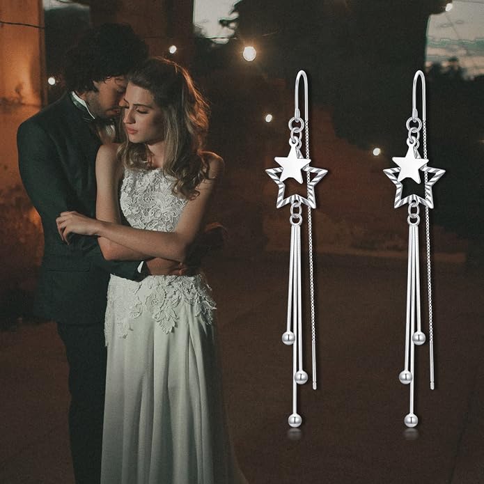 VONALA Moon Star Threader Earrings Sterling Silver Long Earrings for Women Hypoallergenic Tassel Chain Earrings for Teen Girls