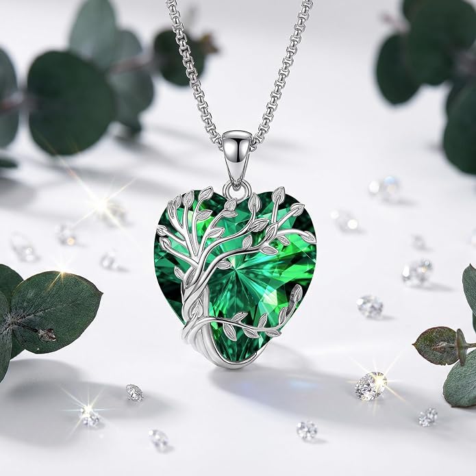 Eusense Tree of Life Necklace for Women White Gold Plated Copper Moonstone/Turquoise/Black Onyx/Crystal Birthstone Pendant Jewelry Gifts for Women Men