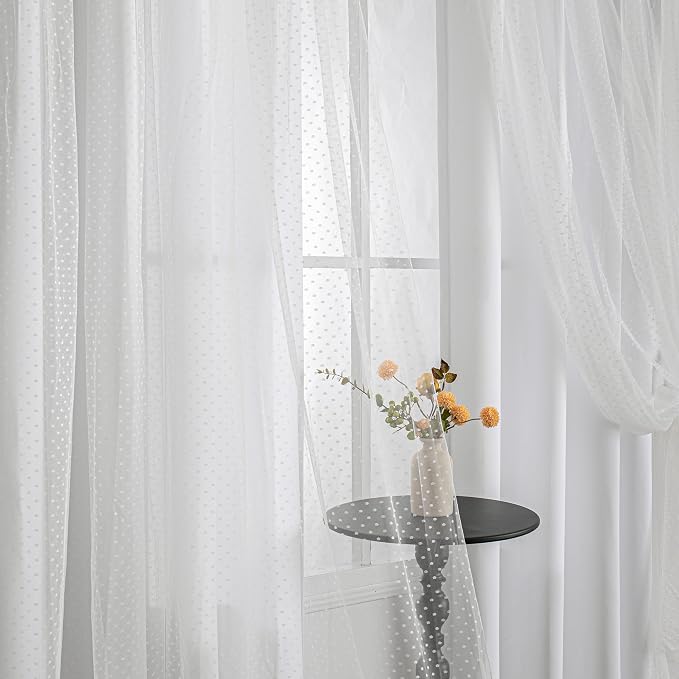 MYSKY HOME White Short Curtains for Girls Bedroom & Nursery Kids Cute Curtains 63 inch Long Double Layer with Polka Dots Sheer, Grommet Tops, 52" Wide Each Panel, 2 Panels