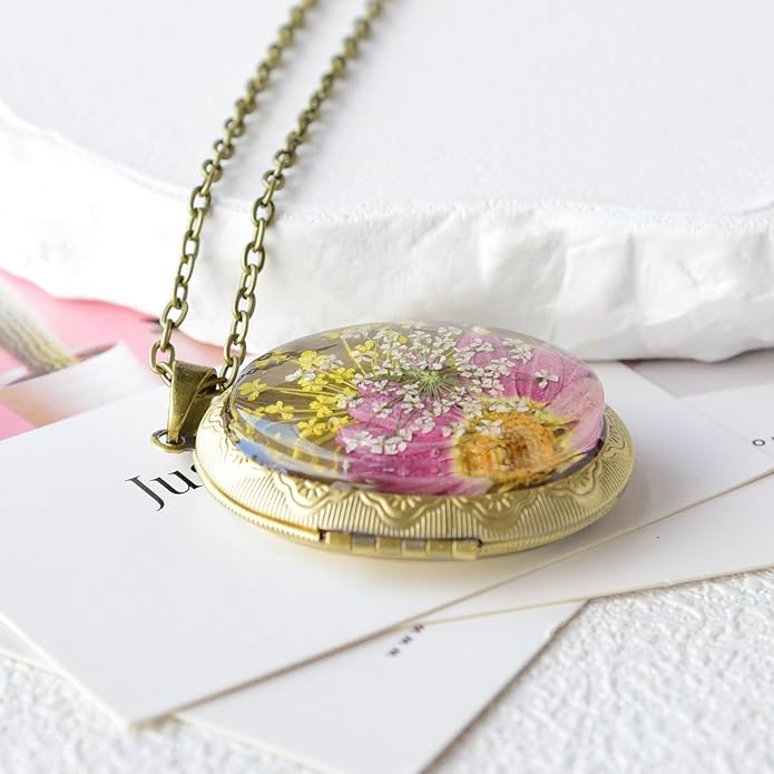 Vintage Photo Locket Necklace Handmade Pressed Flower Locket Necklace for Women