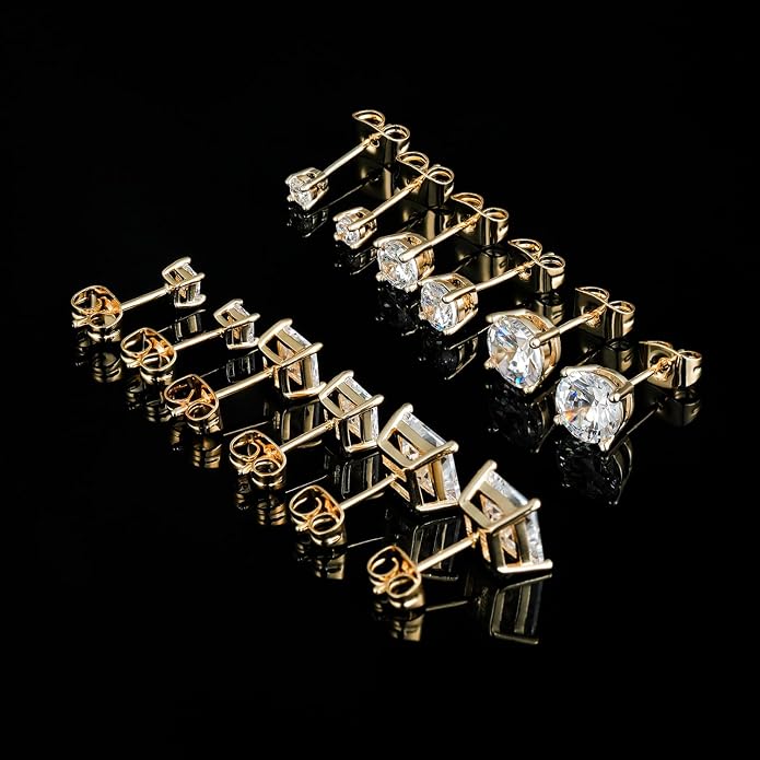 MDFUN 6 Pairs Stud Earrings Set 3mm/5mm/7mm Princess & Round Cubic Zirconia Earrings Hypoallergenic 316L Surgical Stainless Steel CZ Earrings for Women Men