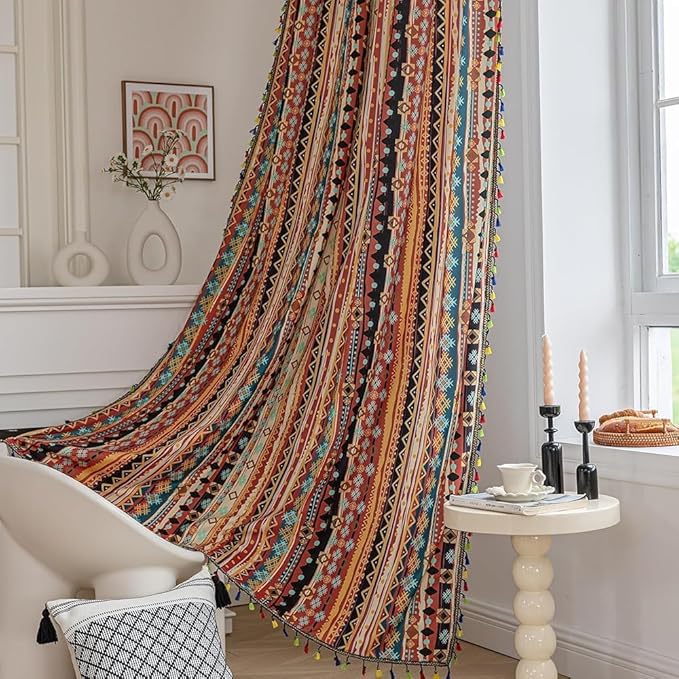 Boho Curtains Geometric Light Filtering Semi-Blackout Window Curtains 72 Inches Long Rod Pocket Drapes for Living Room 2 Panels-Vintage Red
