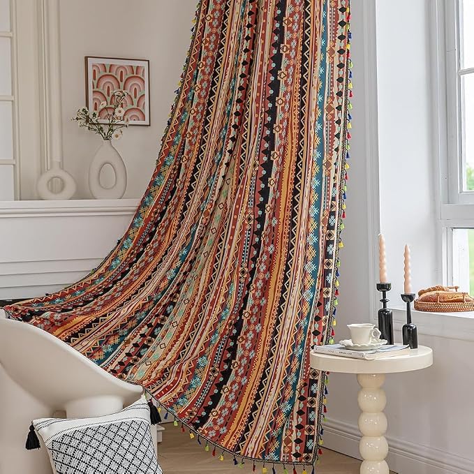 Boho Curtains Geometric Light Filtering Semi-Blackout Window Curtains 84 Inches Long Rod Pocket Drapes for Living Room 2 Panels-Vintage Red