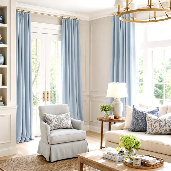 INOVADAY 100% Blackout Curtains for Bedroom, Chambray Blue Black Out Curtains 102 Inch Long, Clip Rings Linen Blackout Drapes, Thermal Insulated Room Darkening for Living Room, 2 Panels - W50xL102
