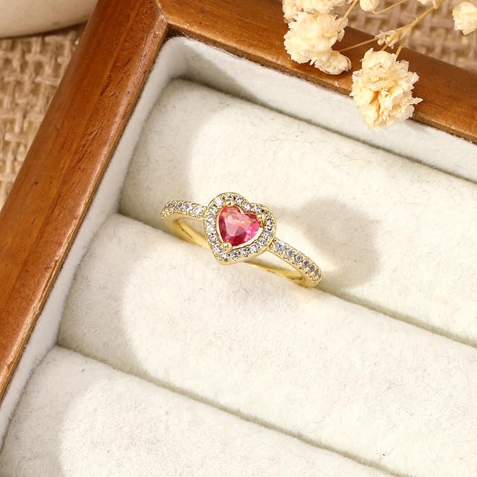 Gold Birthstone Rings for Women Non Tarnish 14k Gold Plated Dainty Heart Rings Adjustable Size Cubic Zirconia Ring Gold Simulated Gemstone Rings Birthday Gifts for Women