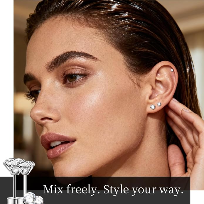 XUU Flat Back Stud Earrings, Implant Grade Titanium Earrings Set for Women, Hypoallergenic 20G Screw Back Earrings for Sensitive Ears, 3–6mm CZ Crystal, Gold Silver Black