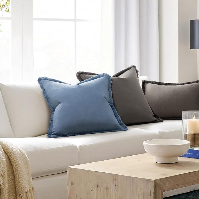 ZWJD Pillow Covers 22x22 Set of 2 Blue Throw Pillow Covers with Fringe Chic Cotton Decorative Pillows Square Cushion Covers for Sofa Couch Bed Living Room Farmhouse Boho Decor