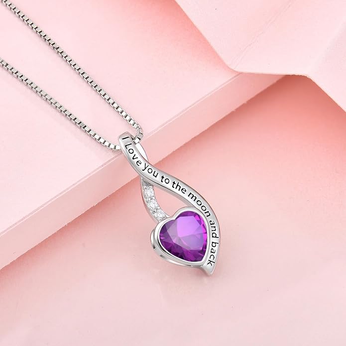 I Love You to The Moon and Back Necklace for Women, 925 Sterling Silver Heart Birthstone Pendant Necklace Jewelry Anniversary Birthday Gifts for Girls Women Wife Mom Daughter