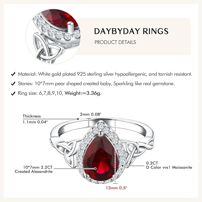 DAYBYDAY Celtic Birthstone Rings for Women 925 Sterling Silver Heart/Round/Pear/Oval Created Gemstone Moissanite Halo Engagement Promise Rings for Her Wife Birthday Anniversary Wedding Jewelry