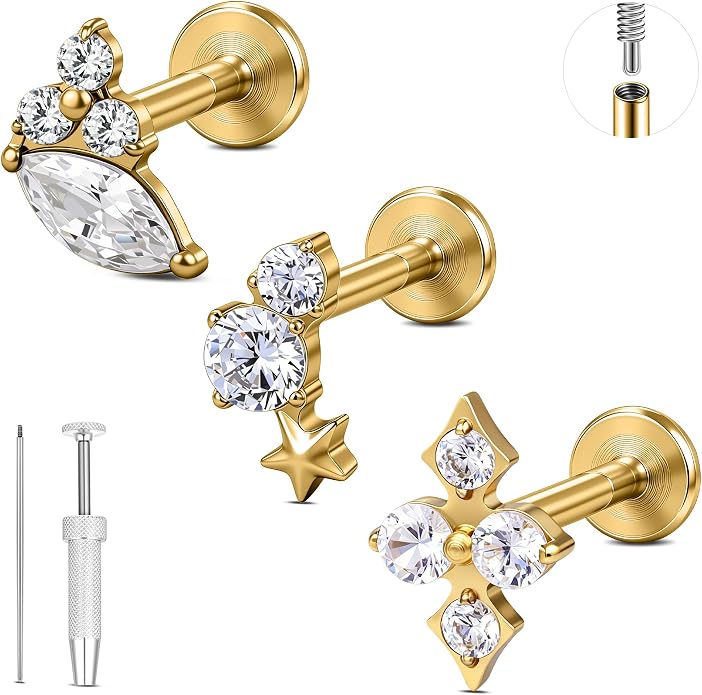 G23 Titanium 18K Gold Filled 16G Cartilage Earring 3PCS | Flat Back, 6mm 8mm, Conch Helix Tragus Lobe, Stud Labret Piercing Jewelry, For Women