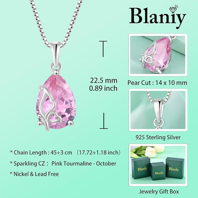 Teardrop Necklace 925 Sterling Silver Butterfly Pendant Necklace Birthstone Jewelry for Women