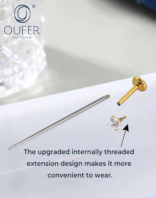 OUFER 18G 6/7/8MM Flat Back Cartilage EarRings-3PCS Gold Titanium Extended Internally Threaded Lip Piercing 2/3/4MM Round Clear CZ Helix Piercing Jewelry