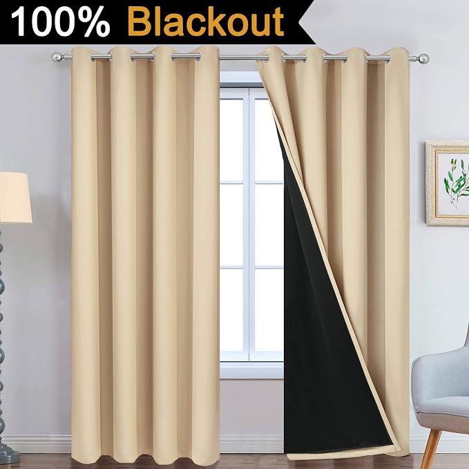 Yakamok Beige 100% Blackout Curtains 84 Inches Long for Bedroom 52" Wide | Blackout Curtain Panels for Bedroom, 2 Thick Layers Grommet Top Thermal Insulated Drapes with Black Liner for Living Room