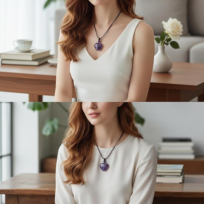 TUMBEELLUWA Carved Stone Heart Shape Necklace Chakra Quartz Pendant with Cord Amulet Healing Crystal Jewelry for Unisex