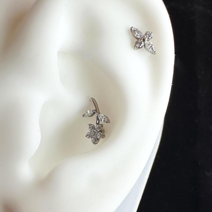 16G Titanium Conch Earrings Clear CZ Flower Helix Piercing Jewelry with Internally Threaded Flat Back Earring Cartilage Studs Tragus Jewelry for Women