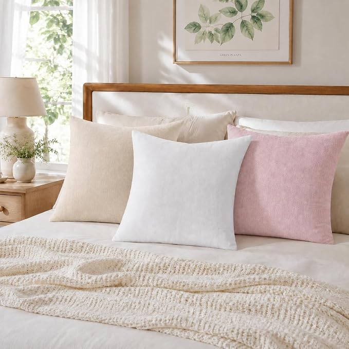 decorUhome Soft Chenille Beige Throw Pillow Covers 16X16 Set of 2 | Decorative Fall Couch Pillow Covers Solid Dyed Accent Modern Farmhouse Neutral Square Pillow Cases for Sofa