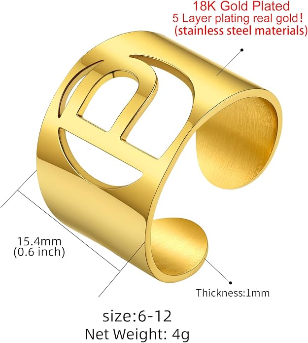 KeyStyle Bold Initial Letter Rings Adjustable, GoldChic Jewelry Women Gold Statement Ring Personalized Engraved Women’s Open Signet Ring for Party (Gold, White Gold, Black)