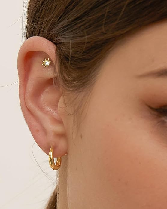 COCHARM 14K Real Gold Helix Cartilage Conch Earring Stud 16g Flat Back Sun Helix Cartilage Conch Tragus Piercing 16g Yellow Gold Internally Threaded Star Tragus Stud Jewelry
