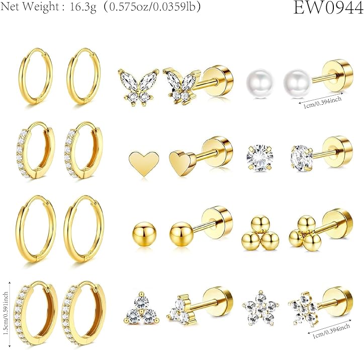 Stainless Steel Stud Earrings Set for Women Hypoallergenic Flat Back Cartilage Earrings Screw Back Huggie Hoop Earrings Multiple Piercing Cubic Zirconia Helix Tragus Jewelry