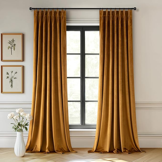MIULEE Velvet Pinch Pleated Blackout Curtains 90 inches Long, Gold Brown Pleat Design Thermal Insulated Luxury Window Drapes for Living Room Bedroom with Hooks, Set of 2