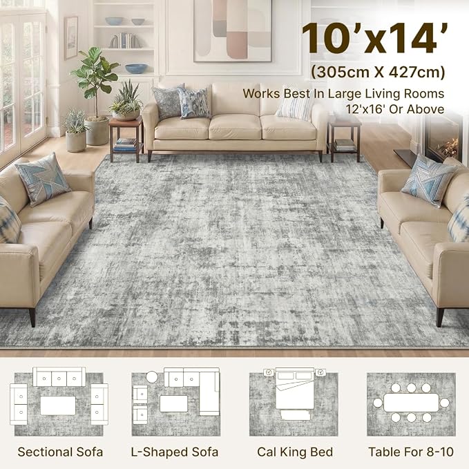 10x14 Area Rugs Washable Living Room Rug-No Slip Soft Carpets Modern Abstract Indoor Floor Stain Resistant Large Carpet for Bedroom Dining Room Farmhouse Nursery Home Office Grey