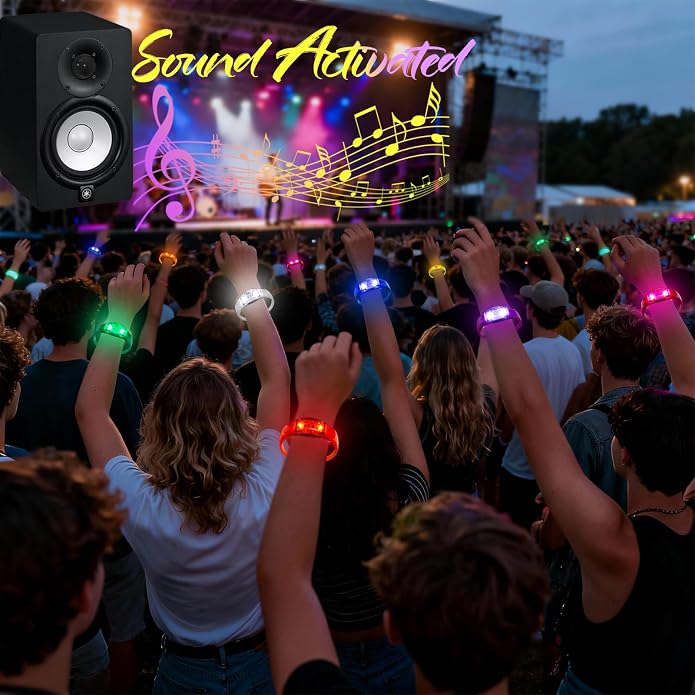 96 Pcs LED Glow Bracelets Sound Activated Light Up Bracelets for Adults & Kids Glow in the Dark Party Supplies Birthday Party Favors for Christmas, Halloween, Rave, New Year, Concert