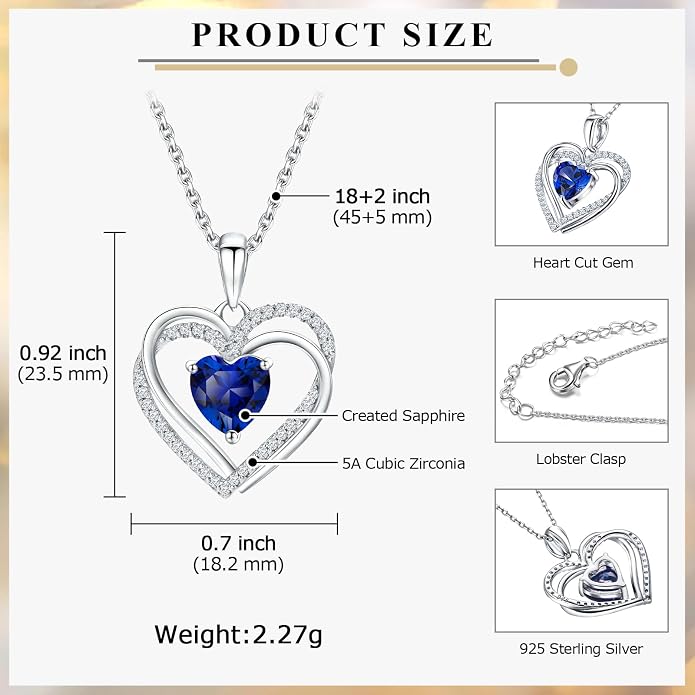 Anniversary Charm Necklace, Sterling Silver 14K Gold Plated Chain with Interlocking Heart Pendant Elegant Birthstone Necklaces for Women, Length 18"