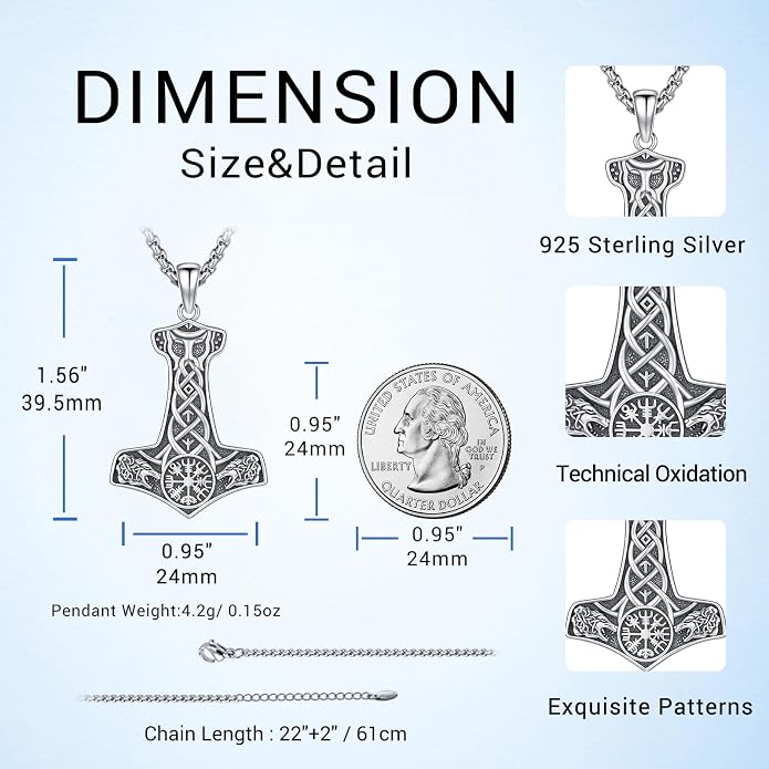 Viking Thor's Hammer Necklace for Men Women, S925 Sterling Silver Vintage Norse Talisman Mjolnir Necklace Amulet Pendant Jewelry Gifts with Sturdy Box Chain