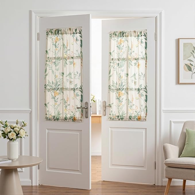 MYSKY HOME Floral Linen Door Curtains Green Farmhouse Privacy Door Window Curtains Semi Sheer Doorway Light Filtering Rod Pocket Curtain Patio Glass Door, 26 x 40 inches Long, 2 Panels