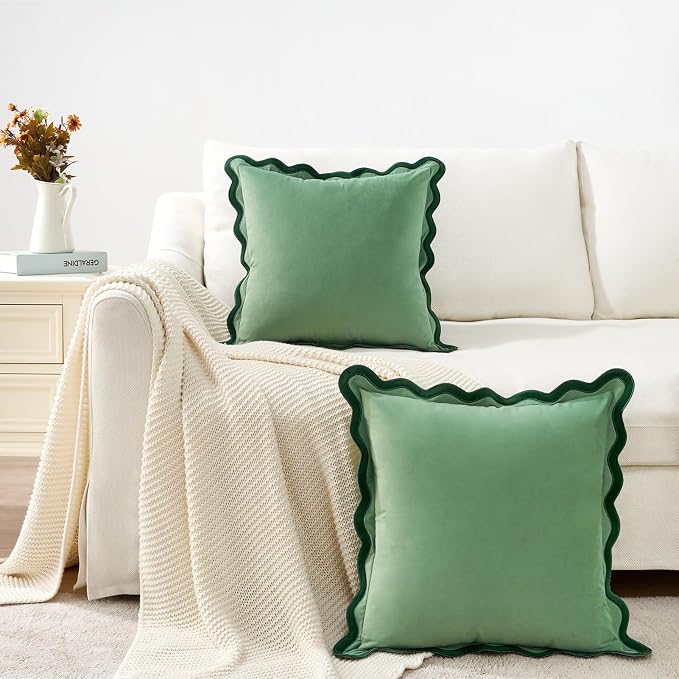 MONDAY MOOSE Decorative Throw Pillow Covers Cushion Cases, Set of 2 Soft Velvet Scalloped Wavy Edge Designs, Mix and Match for Home Decor, Pillow Inserts Not Included (18x18 inch, Green/Light Green)