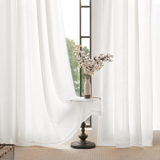 Linen White Curtains 84 inches Long for Bedroom Back Tab Privacy Light Filtering Semi Sheer White Boho Farmhouse Curtain Drapes Cotton Textured Modern Elegant Coastal Living Room Decor Off White