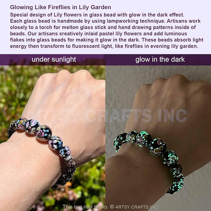 ARTSY Crafts Lily Garden Glow in the Dark Firefly Bead Bracelets Necklaces, Handmade in USA Murano Glass Jewelry, Flower Luminous Beads Mermaid Crystal Bracelet Bangle