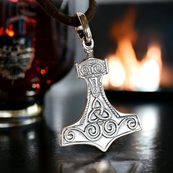 925 Sterling Silver Thor's Hammer Necklace Handmade Replica - Mjolnir Pendant Necklace with Triquetra - Celtic Norse Nordic Viking Jewelry for Men Women