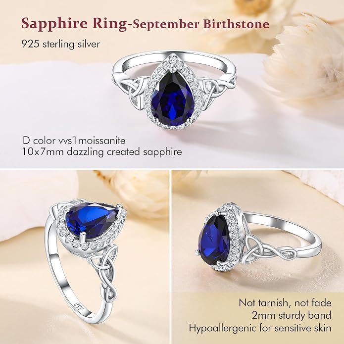 DAYBYDAY Celtic Birthstone Rings for Women 925 Sterling Silver Heart/Round/Pear/Oval Created Gemstone Moissanite Halo Engagement Promise Rings for Her Wife Birthday Anniversary Wedding Jewelry
