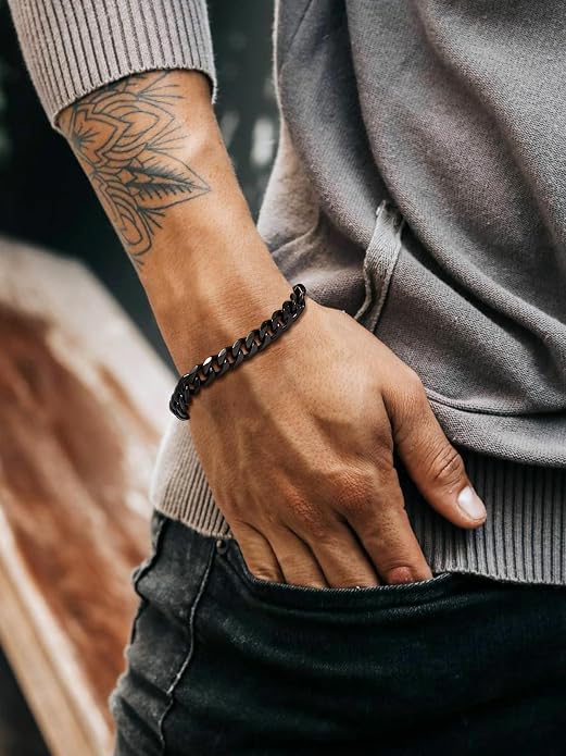 U7 Link Bracelets for Men, Cuban Link/Rope/Watch Band Solid Bracelet, Silver Black Gold Color Wrist Bracelet 3/6/9/12/15mm Width, 6.5/7.5/8.3 Inch Length, Hand Chain Jewelry for Mens Women