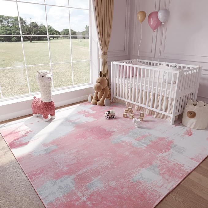 Kelarea Pink Nursery Rug for Baby Girl, 8x10 Modern Abstract Washable Rugs for Kid's Bedroom, Low Pile Non Slip Large Carpet for Dorm, Living Room, Kids Playroom