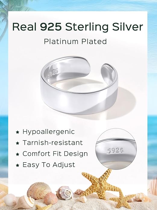 ChicSilver Silver Toe Rings for Women Balck Toe Rings for Women Non Tarnish Wide Band Toe Ring Black Toe Jewelry for Summer Beach